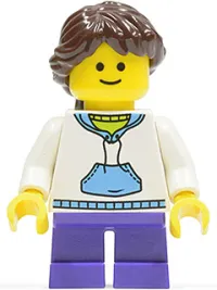 LEGO White Hoodie with Blue Pockets, Dark Purple Short Legs, Dark Brown Hair Ponytail Long French Braided minifigure