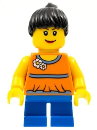 LEGO Orange Halter Top with Medium Blue Trim and Flowers Pattern, Blue Short Legs, Black Ponytail Hair minifigure
