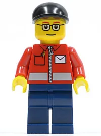 LEGO Post Office White Envelope and Stripe, Dark Blue Legs, Black Short Bill Cap minifigure