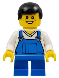 LEGO Overalls Blue over V-Neck Shirt, Blue Short Legs, Black Male Hair minifigure