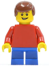 LEGO Plain Red Torso with Red Arms, Blue Short Legs, Reddish Brown Male Hair minifigure