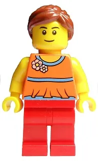 LEGO Orange Halter Top with Medium Blue Trim and Flowers Pattern, Red Legs, Reddish Brown Ponytail and Swept Sideways Fringe minifigure