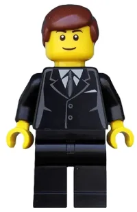 LEGO Suit Black, Reddish Brown Male Hair, Black Eyebrows, Thin Grin minifigure