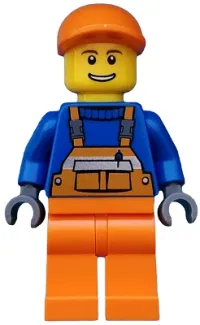 LEGO Overalls with Safety Stripe Orange, Orange Legs, Orange Short Bill Cap, Thin Grin with Teeth minifigure