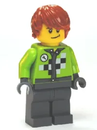 LEGO Lime Jacket with Wrench and Black and White Checkered Pattern, Dark Bluish Gray Legs, Dark Orange Hair, Crooked Smile minifigure