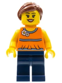 LEGO Orange Halter Top with Medium Blue Trim and Flowers Pattern, Dark Blue Legs, Reddish Brown Ponytail and Swept Sideways Fringe minifigure