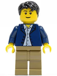 LEGO Dark Blue Jacket, Light Blue Shirt, Dark Tan Legs, Black Male Hair minifigure