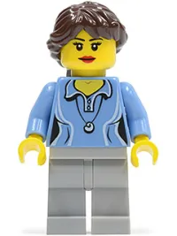 LEGO Medium Blue Female Shirt with Two Buttons and Shell Pendant, Light Bluish Gray Legs, Dark Brown Ponytail Long French Braided minifigure