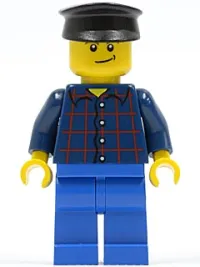 LEGO Plaid Button Shirt, Blue Legs, Black Hat, Lopsided Smile with Dimple (Truck Driver) minifigure