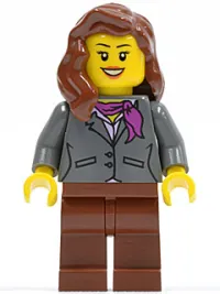 LEGO Dark Bluish Gray Jacket with Magenta Scarf, Reddish Brown Legs, Reddish Brown Female Hair over Shoulder minifigure