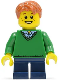 LEGO Boy, Green V-Neck Sweater, Dark Blue Short Legs minifigure