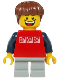 LEGO Red Shirt with 3 Silver Logos, Dark Blue Arms, Light Bluish Gray Short Legs, Reddish Brown Hair minifigure