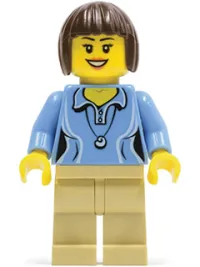 LEGO Medium Blue Female Shirt with Two Buttons and Shell Pendant, Tan Legs, Dark Brown Bob Cut Hair minifigure