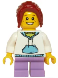 LEGO White Hoodie with Blue Pockets, Medium Lavender Short Legs, Dark Red Hair Ponytail Long with Side Bangs minifigure