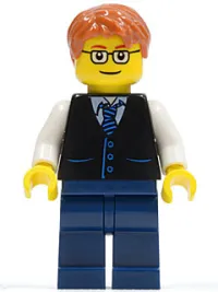 LEGO Black Vest with Blue Striped Tie, Dark Blue Legs, White Arms, Dark Orange Short Tousled Hair, Rectangular Glasses minifigure