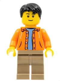 LEGO Orange Jacket with Hood over Light Blue Sweater, Dark Tan Legs, Black Short Tousled Hair minifigure