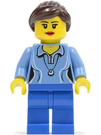 LEGO Medium Blue Female Shirt with Two Buttons and Shell Pendant, Blue Legs, Dark Brown Ponytail and Swept Sideways Fringe minifigure