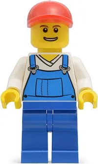 LEGO Overalls Blue over V-Neck Shirt, Blue Legs, Red Short Bill Cap, Grin with Teeth minifigure