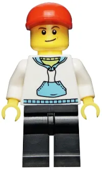 LEGO White Hoodie with Blue Pockets, Black Legs, Red Short Bill Cap, Crooked Smile minifigure