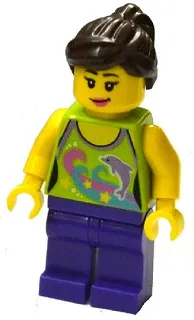 LEGO Female Lime Halter Top with Dolphin Pattern, Dark Purple Legs, Dark Brown Ponytail and Swept Sideways Fringe, Pink Lips minifigure