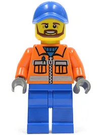 LEGO Construction Worker - Orange Zipper, Safety Stripes, Orange Arms, Blue Legs, Blue Cap with Hole minifigure