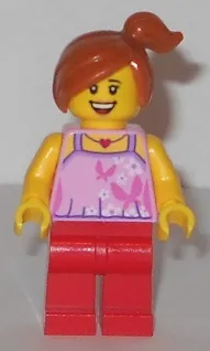 LEGO Child - Bright Pink Top with Butterflies and Flowers, Red Legs, Off-center Ponytail minifigure