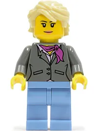 LEGO Dark Bluish Gray Jacket with Magenta Scarf, Medium Blue Legs, Tan Hair (Grandma) minifigure