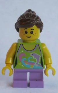 LEGO Girl, Dolphin Top, Short Medium Lavender Legs, Reddish Brown Ponytail and Swept Sideways Fringe minifigure