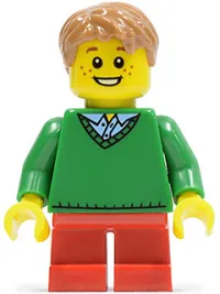 LEGO Boy, Green V-Neck Sweater, Red Short Legs minifigure