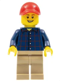 LEGO Plaid Button Shirt, Dark Tan Legs, Red Cap with Hole, Lopsided Grin with Teeth minifigure