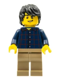 LEGO Plaid Button Shirt, Dark Tan Legs, Black Tousled Hair, Lopsided Grin, Chin Dimple minifigure