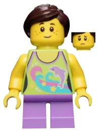 LEGO Girl, Dolphin Top, Short Medium Lavender Legs, Dark Brown Ponytail and Swept Sideways Fringe minifigure