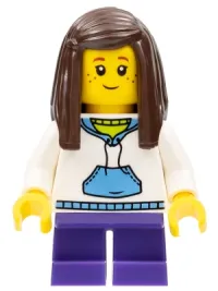 LEGO White Hoodie with Blue Pockets, Dark Purple Short Legs, Dark Brown Long Straight Hair with Side Part minifigure