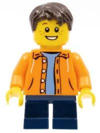 LEGO Orange Jacket with Hood over Light Blue Sweater, Dark Blue Short Legs, Dark Brown Short Tousled Hair minifigure