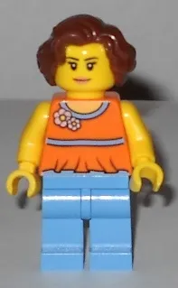 LEGO Orange Halter Top with Medium Blue Trim and Flowers Pattern, Medium Blue Legs, Reddish Brown Hair Short Wavy minifigure