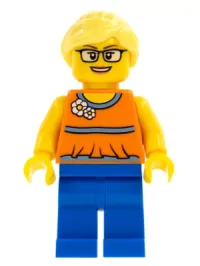 LEGO Orange Halter Top with Medium Blue Trim and Flowers Pattern, Blue Legs, Bright Light Yellow Ponytail and Swept Sideways Fringe minifigure