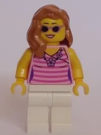 LEGO Dark Pink Striped Top, White Legs, Medium Nougat Female Hair over Shoulder minifigure