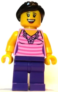 LEGO Female, Dark Pink Striped Top, Dark Purple Legs, Dark Brown Hair Ponytail and Swept Sideways Fringe minifigure