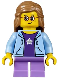 LEGO Girl, Bright Light Blue Hoodie, Medium Lavender Short Legs, Medium Nougat Female Hair Mid-Length, Glasses minifigure