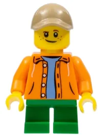 LEGO Boy, Orange Jacket with Hood over Light Blue Sweater, Green Short Legs, Dark Tan Cap with Hole minifigure