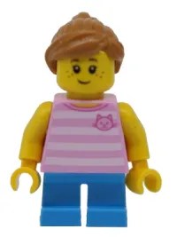 LEGO Girl, Bright Pink Striped Top with Cat Head, Dark Azure Short Legs and Medium Nougat Ponytail and Swept Sideways Fringe minifigure