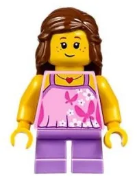 LEGO Girl - Bright Pink Top with Butterflies and Flowers, Medium Lavender Short Legs, Reddish Brown Female Hair Mid-Length minifigure