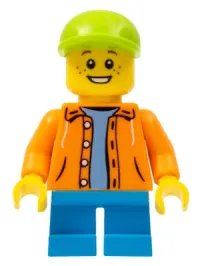 LEGO Boy - Orange Jacket with Hood over Light Blue Sweater, Dark Azure Short Legs, Lime Cap minifigure