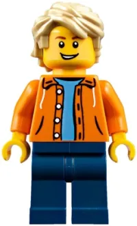 LEGO Orange Jacket with Hood over Light Blue Sweater, Dark Blue Legs, Tan Tousled Hair, Open Lopsided Grin minifigure