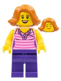 LEGO Woman, Striped Pink Shirt with Flower Necklace, Dark Purple Legs, Dark Orange Female Hair Short Swept Sideways minifigure