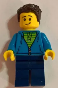 LEGO Man, Green Striped Shirt under Dark Blue Hoodie, Dark Brown Hair, Dark Blue Legs minifigure