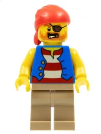 LEGO Pirate Man, Striped Red and White Shirt Under Blue Vest, Red Bandana, Left Eye Patch and 3 Gold Teeth, Dark Tan Legs minifigure