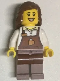 LEGO Barista Female with Reddish Brown Apron with Cup and Name Tag Pattern, Reddish Brown Female Hair Mid-Length minifigure