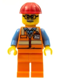 LEGO Orange Safety Vest with Reflective Stripes, Orange Legs, Red Construction Helmet, Glasses minifigure