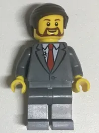 LEGO Suit Jacket Buttoned with Red Tie, Dark Bluish Gray Legs, Dark Brown Smooth Hair minifigure